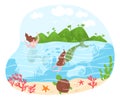 Two mermaids swimming underwater near coral reef with tropical island in background. Cartoon marine life with turtles