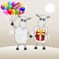 Two merry sheep with a gift and marbles