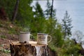 Two metal aluminum enameled mugs with hot tea with steam on a felled wood table on the shore of Lake Baikal in a camp.