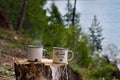 Two metal aluminum enameled mugs with hot tea with steam on a felled wood table in summer on the shore of Lake Baikal in a camp.