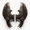 two metal birds with wings spread out of them\'bodys, facing each other, on a white background, with