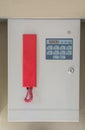 Two metal electricity control box with sign on the wall Royalty Free Stock Photo