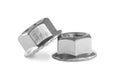 Two metal flange nuts on white background