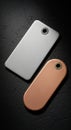 Two metal key tags are displayed on a dark textured surface. One tag is silver with a Royalty Free Stock Photo