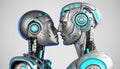 Two metal and neon-lit androids about to kiss. Robots in love. Humanoids kissing.