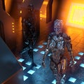 Two metallic cyborgs in a futuristic room