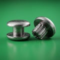 Two metallic grommets placed on a solid green background. One grommet is upright, Royalty Free Stock Photo