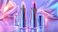 Two Metallic Lipsticks with Silver Caps on a Shiny Iridescent Background Royalty Free Stock Photo