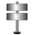 Two metallic shields on a post on a white background