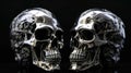 Two metallic shiny iron futuristic hi-tech skulls of cyborg robots on a black background. AI generated
