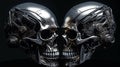 Two metallic shiny iron futuristic hi-tech skulls of robots looking at each other on a black background. AI generated