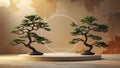 Two bonsai trees displayed on a circular stage with a halo Royalty Free Stock Photo