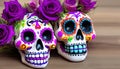Two Mexican catrinas close up decorated with flowers. Sugar skull make-up for the day of the dead. Halloween. Generative AI Royalty Free Stock Photo
