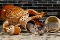 Close-up mouse comes out of an overturned ceramic jug on the countertop in the kitchen. Royalty Free Stock Photo