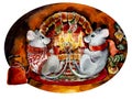 Two mice drink tea at New Year `s fireplace. Watercolor hand drawn illustration