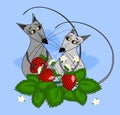 Two mice in love with a berry in their paws are in strawberry bushes. Illustration on a blue background.