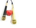 Two Microphone of black and gold with red heart on white background. Royalty Free Stock Photo