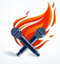 Two microphones crossed on fire, hot mic in flames, rap battle rhymes music, karaoke singing, vector logo or illustration, concert