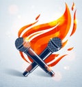 Two microphones crossed on fire, hot mic in flames, rap battle rhymes music, karaoke singing, vector logo or illustration, concert