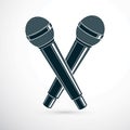 Two microphones crossed, vector illustration. Social media influence. Royalty Free Stock Photo