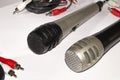 Two microphones that are electroacoustic devices that convert acoustic vibrations Royalty Free Stock Photo
