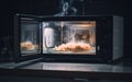 Two microwaves with food cooking inside of them. AI generative image.