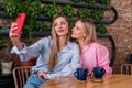 Two mid age women friends sitting at cafe taking selfie with mobile phone on plants background. Caucasian girls indoors Royalty Free Stock Photo