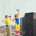 Two middle-aged women in colorful sportswear training with dumbbells over city skyscrapers view. Contemporary art