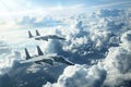 Two military fighter jets flying in formation over dramatic cloudscape in the clear blue sky Royalty Free Stock Photo