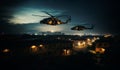 Two military helicopters cross the outskirts of the city at night at low altitude