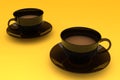 Two milk coffee cups, on yellow background