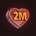 Two million or 2m follower celebration love icon neon glow lighting 3d render