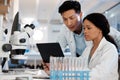 Two minds are better than one. two lab techs working together while using a digital tablet. Royalty Free Stock Photo