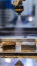 Two mineral samples on tray, one brown silted, other gleaming, robotic arm in background Royalty Free Stock Photo