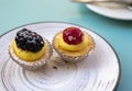 Mini fruit italian cupcakes with fresh berries on board Royalty Free Stock Photo