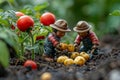 Two miniature farmer are working in a garden, picking up potatos Royalty Free Stock Photo