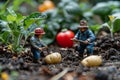 Two miniature farmer are working in a garden, picking up potatos Royalty Free Stock Photo