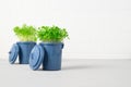 Two miniature trash containers with fresh seedlings growing against white brick wall. Growing seedlings in compost