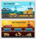 Two mining industry horizontal banners set with coal extracting