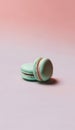 two mint green macaroons sitting on a pink surface. generative ai