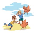 Two misbehavior boy friends chase hen on farm yard