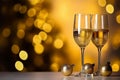 Two misted glasses of champagne and golden Christmas balls on a blurry Christmas background. The concept of a happy New year Royalty Free Stock Photo