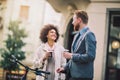 Two mixed race business people talking outside company Royalty Free Stock Photo