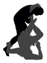 Two mma fighters silhouette. Cage rage fight show. Multi martial arts spectacle.