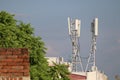 Two mobile towers located near green tree. Telecom service provider for the 4g and 5g internet