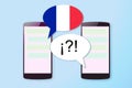 Two mobiles in a chat communication in French and other language. Empty copy space Royalty Free Stock Photo