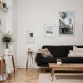 Two mock up posters frame on wall in modern interior background, living room. Books on cabinet. Scandinavian style. ing.