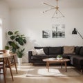 Two mock up posters frame on wall in modern interior background, living room. Books on cabinet. Scandinavian style. ing.