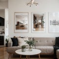 Two mock up posters frame on wall in modern interior background, living room. Books on cabinet. Scandinavian style. ing.