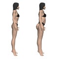 Two model girls in underwear, a slim and fat girl. The process of obesity of the girl body. Side view. 3D. Vector